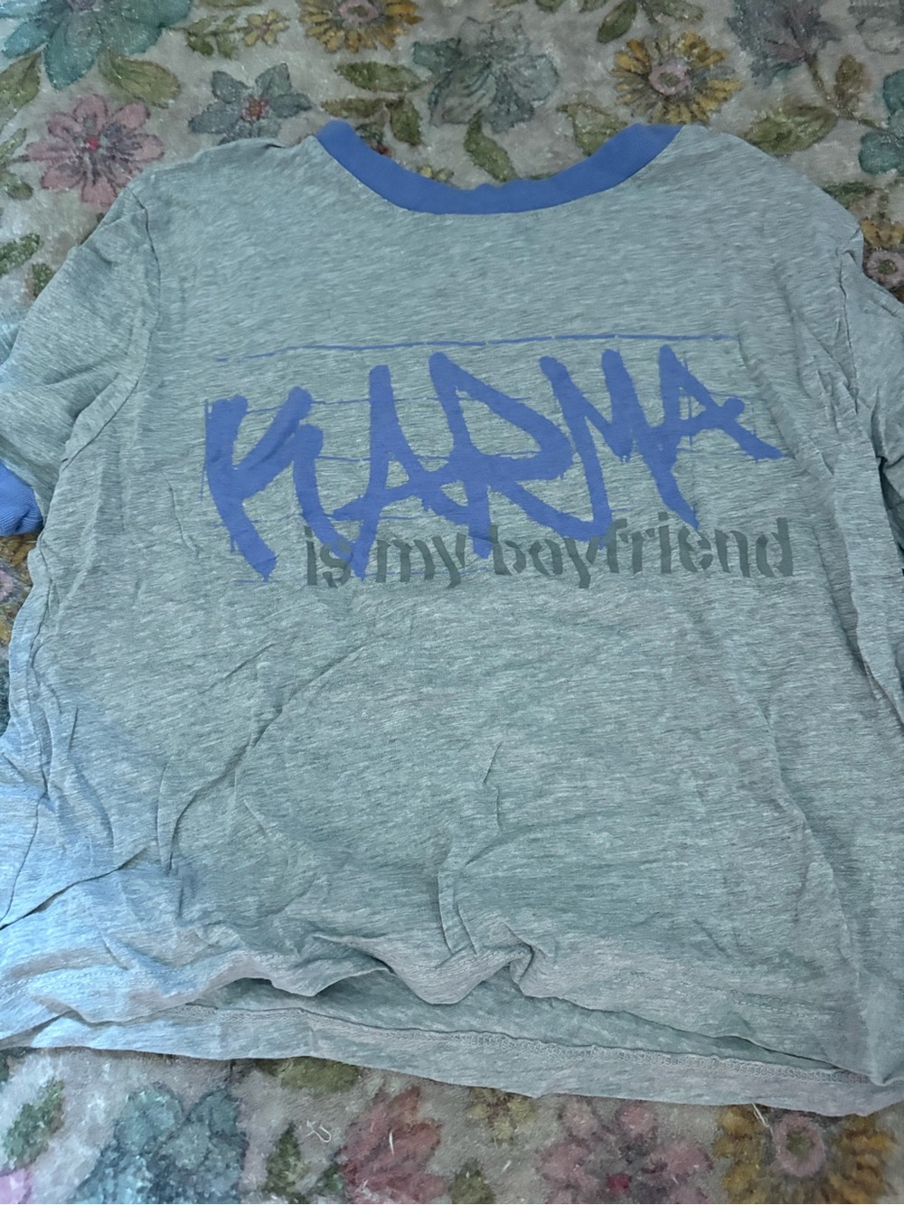 Taylor Swift Light Gray & Blue "KARMA" Graphic Ringer Tee